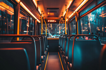 Fototapeta premium close up of bus cabin with empty seats at night