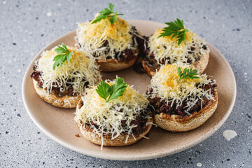 Baked Stuffed Mushrooms with Cheese, Meat Quail Egg Gourmet Delight