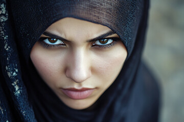 Naklejka premium close up portrait of sad or angry muslim woman in hijab, human rights concept