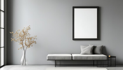 Blank picture frame mock up, Elegant black frame empty white canvas grey hanging on the wall, minimal mockup frame on white clean wall, modern interior, wall art presentation template, Picture frame