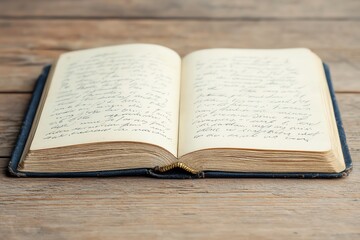 Obraz premium Open notebook on a wooden table.