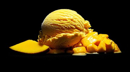 Mango ice cream scoop with chunks, dessert, black background, food photography, website banner