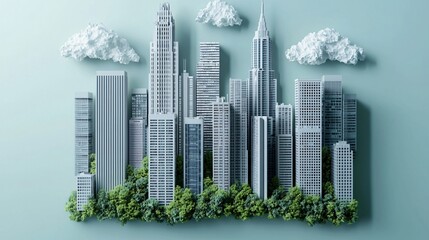Miniature city skyline, green park, clouds, pastel background; urban development concept