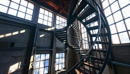Majestic Spiral Staircase in Industrial Building with Large Windows and Sunlight Streaming Through