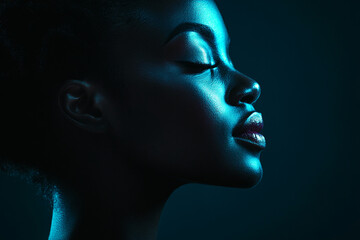 Fototapeta premium Side profile of a woman with dark skin, illuminated with teal light to emphasize her facial features, showcasing elegance and beauty in a dramatic and artistic portrait.