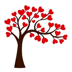 Obraz premium Tree with a brown trunk and curved branches, covered in bright red heart-shaped leaves, symbolizing love, romance, and Valentine's Day, set against a white background.