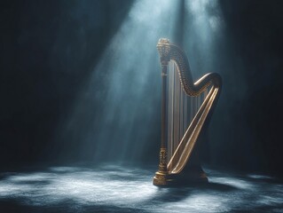 Elegant harp performance illuminated by soft light studio setting musical instrument artistic...