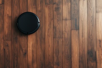 Robotic vacuum on wooden floor surface.