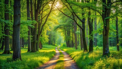 Serene forest path surrounded by tall trees and vibrant green foliage