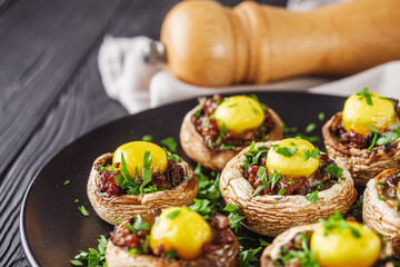Baked Stuffed Mushrooms with Cheese, Meat Quail Egg Gourmet Delight