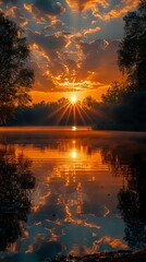 Dramatic orange sunset over calm lake with sunburst through trees and mirror reflection in water, dark silhouettes frame glowing sky with scattered clouds.