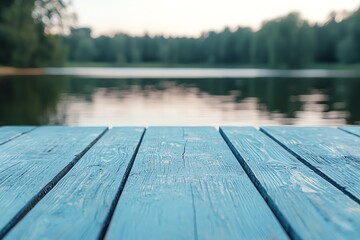 Fototapeta premium Serene lake view from a wooden deck.