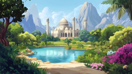 Obraz premium Majestic Mosque nestled amidst lush greenery and towering mountains