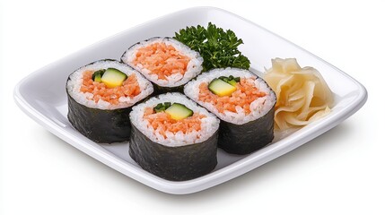 Fresh Sushi Rolls with Salmon, Cucumber, and Pickled Ginger on White Plate