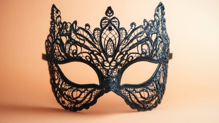 A decorative black lace mask with intricate patterns, often used for masquerade events or theatrical performances.
