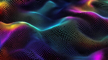 Fototapeta premium Abstract colorful wave pattern, vibrant dots forming flowing hills on black background.