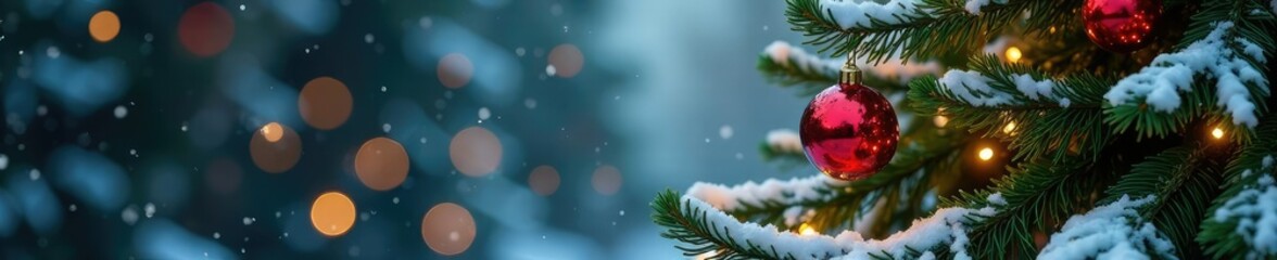 Fototapeta premium Spruce tree adorned with ornaments and sparkling fairy lights amidst snow-covered branches, branches, magical