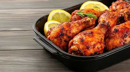 Fototapeta premium Juicy Baked Chicken Drumsticks with Lemon and Herbs on a Rustic Wooden Table