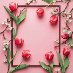 Obraz premium Red tulips and white blossoms arranged around a frame on a pink background.