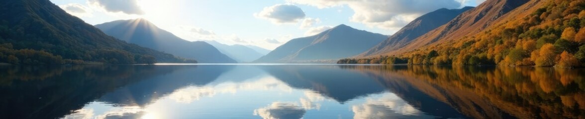 Sunlight casting shadows on the loch's surface, Reflection, Loch Lubnaig Panorama
