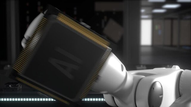 Concept create processor. High Tech Authentic Robot Arm Holding Contemporary Super Computer Processor Smoothly Moving into Focus camera. Industrial Robotic Manipulator End Effector Holding CPU Chip