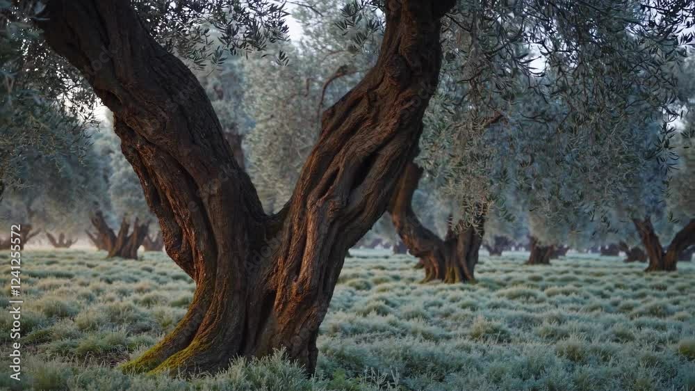 Aufkleber exploring ancient olive trees in a misty grove at sunrise in a serene landscape