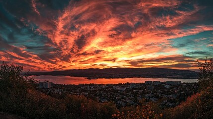Fototapeta premium A breathtaking sunset illuminates the sky with vivid oranges and deep reds, reflecting on the tranquil waters of the lake below