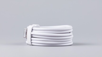 Obraz premium White USB-C cable neatly coiled on gray background, product shot for online store