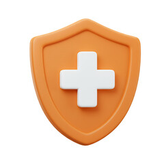 Fototapeta premium Orange shield icon, medical protection, health & safety. Plus sign, white cross.