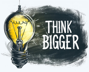 A glowing lightbulb is drawn next to the bold words 'Think Bigger' on a chalkboard-like background, symbolizing creativity, innovation, and the encouragement to expand one's ideas and ambitions