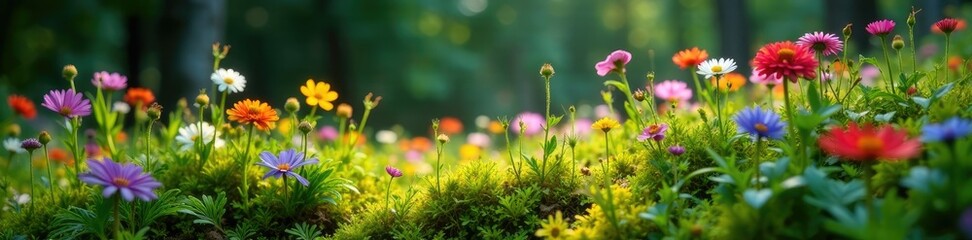 Fototapeta premium A colorful patch of wildflowers growing through moss and ferns, coniferous forests, woodland wildflowers, wildflower meadows