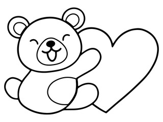 Valentine Day Bear Holding Heart Line Art