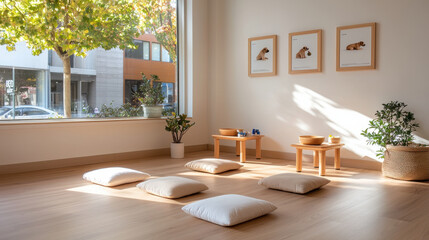 serene pet care corner with cushions, bowls, and plants, illuminated by natural light. cozy space invites relaxation and comfort for pets and their owners