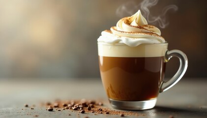 A delicate glass filled with steaming hot coffee and topped with a fluffy cloud of whipped cream, frothy, cup