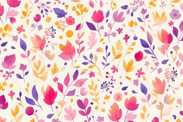 Seamless floral pattern with pink, purple, and orange watercolor flowers and leaves on white background, repeating design for fabric and wallpaper projects.
