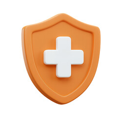 Obraz premium Orange shield icon, plus medical, health, safety, protection, 3d, white.