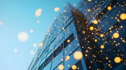 Modern glass building facade with glowing golden bokeh lights creating magical atmosphere against blue sky, architectural abstract for business success concept.
