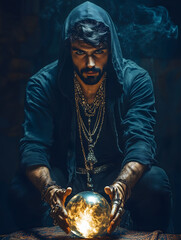A handsome male fortune teller sitting in front of a crystal ball