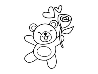 Valentine Day Bear Holding Rose Outline