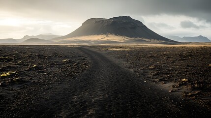 A large black lava sand plain with an isolated small dark mountain in the far distance
