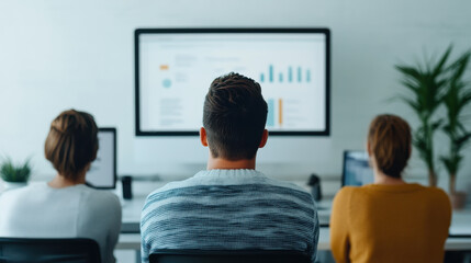 Collaborative marketers analyzing data on screens in modern office. atmosphere is focused and productive, showcasing teamwork and technology in professional setting