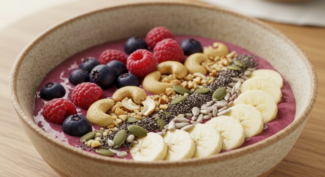 Colorful Breakfast Bowl: A vibrant and inviting breakfast bowl bursting with fresh berries, banana slices, seeds, and nuts, offering a tempting display of healthy eating.