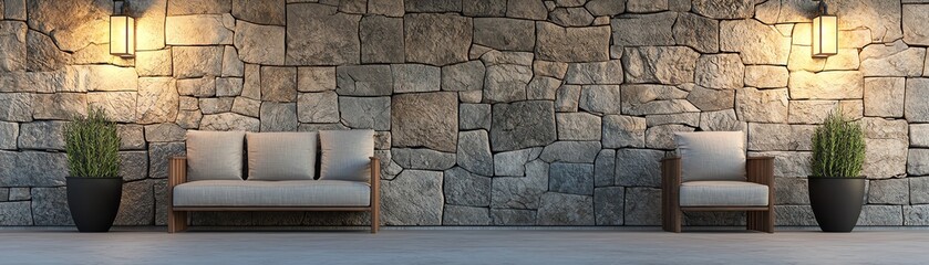 Stylish interior with stone wall and seating.