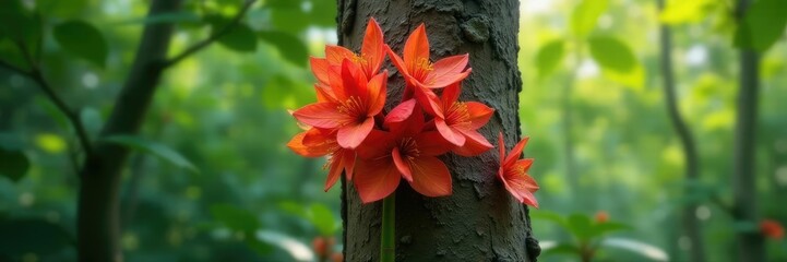 Fototapeta premium clusters of jambo flowers surround a central stem on a tree trunk, leaves, trees, clusters