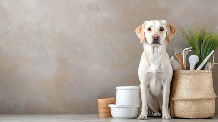 dog sitting beside pet care essentials, including bowls and utensils, in stylish setting. scene conveys sense of organization and love for pets