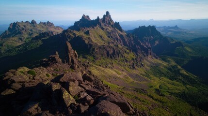 Naklejka premium Majestic mountain range with rocky peaks and lush greenery under a clear blue sky