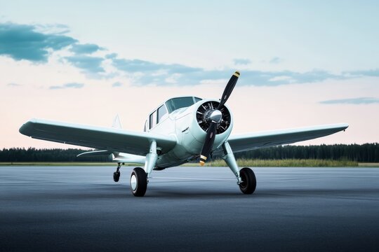 Classic single-engine airplane parked on a runway during sunset near a forest