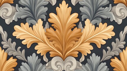 Seamless ornate pattern with gold and grey acanthus leaves on dark background.