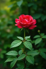 Crimson rose in full bloom amidst lush greenery, foliage, verdant background, blossom