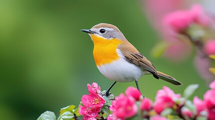 Fototapeta premium Colorful bird perched on pink blossoms, spring garden